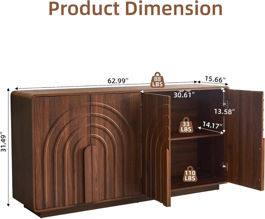 63" Sideboard Buffet Cabinet with Storage, Modern Credenza with 4 Doors & Adjustable Shelves, Large Console Table for Dining Room, Kitchen and Living Room (Walnut)