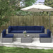 7 Piece Patio Furniture Sets All Weather Grey PE Wicker Couch Sofa with Glass Table, Removable Navy Blue Cushions