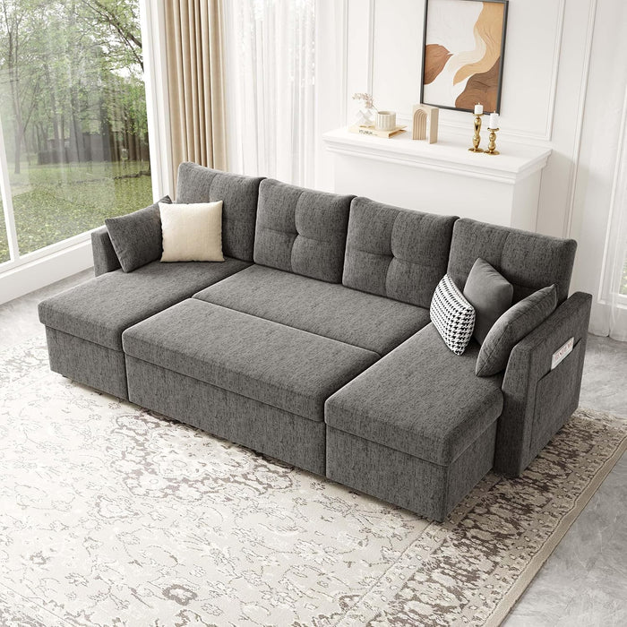 Oversized Sleeper Sofa Couch, 110 Inch 2 in 1 Pullout Couch Bed with Double Storage Chaise, Sectional Sleeper Sofa Bed with Side Pocket for Living Room, Dark Grey