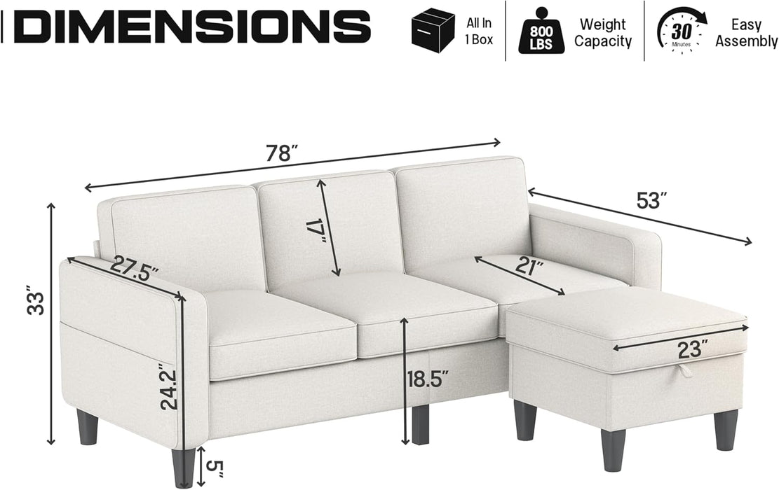 SeventyEightInch BeigeLinen Sectional Sofa Storage