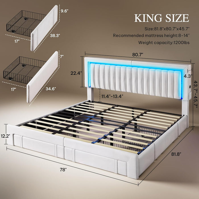 King Size Bed Frame with Adjustable Headboard, 4 Storage Drawers and RGB LED Lights, Velvet Upholstered Platform Bed with USB Ports, No Box Spring Needed, Fast Assembly, Noise-Free, White