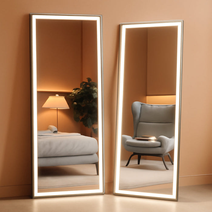 Full Length Mirror with Lights, 71" X 24" LED Lighted Floor Standing, Full Body Dressing Hanging Mounted Mirror, Dimmable, Tempered Glass, Safe to Use, Square Black