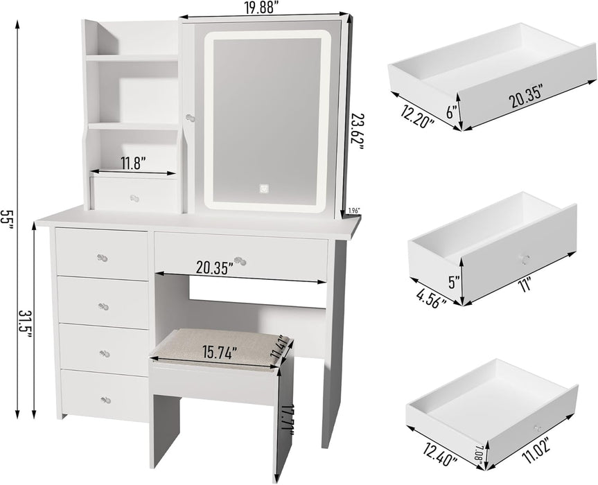Makeup Vanity Desk with LED Lights Mirror 3 Adjustable Modes and Power Outlets, Vanity Table with 6 Drawers Dresser and Bench, Makeup Desk for Bedroom Dressing Room, White
