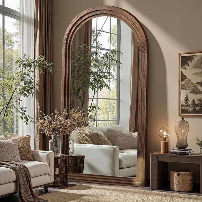 Arched Full Length Mirror with Stand, 75X35 Brown Wood Floor Mirror