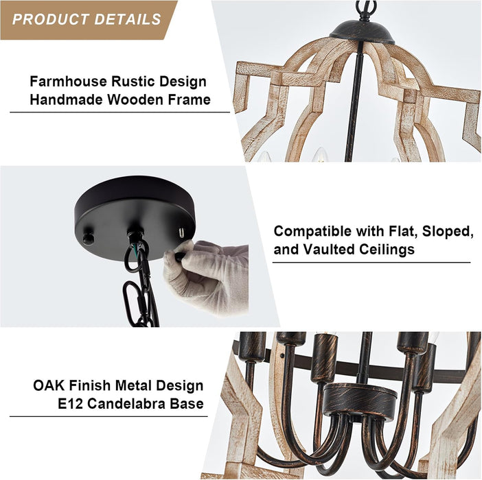 6-Light Farmhouse Chandelier for Dining Room Wood Pendant Lighting