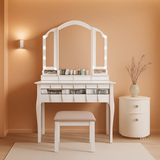 White Makeup Vanity Desk With Multicolored Lighting