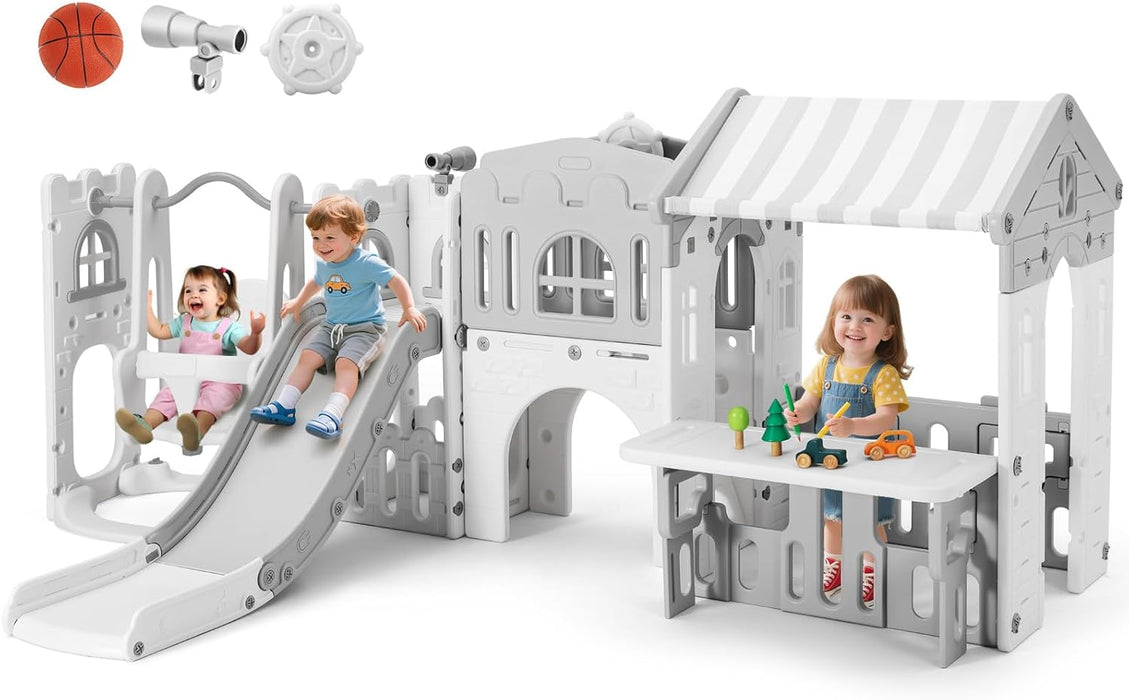 10 in 1 Toddler Slide, Freestanding Kid Climber Slide Playset, Toddler Playhouse with Slide and Swing, Basketball Hoop, Telescope, Indoor Outdoor Backyard Playground Toy for Toddlers Age 1-3+