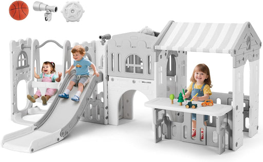 10 in 1 Toddler Slide, Freestanding Kid Climber Slide Playset, Toddler Playhouse with Slide and Swing, Basketball Hoop, Telescope, Indoor Outdoor Backyard Playground Toy for Toddlers Age 1-3+