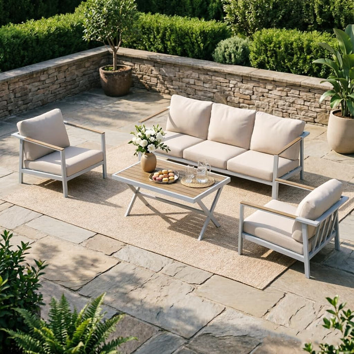 Aluminum Patio Sectional Furniture Set,4 Piece Patio Conversation Sets Outdoor Patio Furniture Set Sofa with Coffee Table & Washable Cushions White