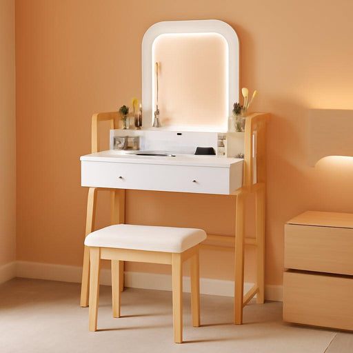 Small Vanity Desk with Mirror and Lights, White Makeup Vanity Desk with 3 Drawers, Adjustable Heights, 3 Color Lighting Modes, Compact Bedroom Dressing Table with Stool for Small Space