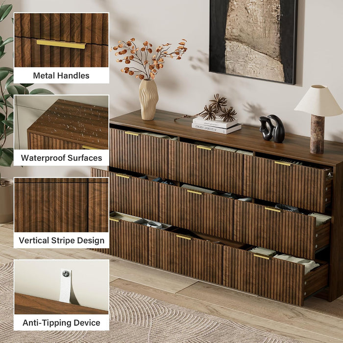 Walnut Dresser for Bedroom, Modern Dresser with 9 Drawers and Smooth Slides, Wide Chest of Drawers with Golden Handles for Bedroom, Living Room, Closet, 15.7" D X 63" W X 31.5" H