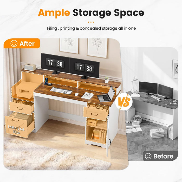 63 Inch Farmhouse Computer Desk with Drawers & Power Outlets, Large Desk with Monitor Stand & Printer Shelf, Modern Office Desk Workstation with File Cabinet for Home Office, Brown & White