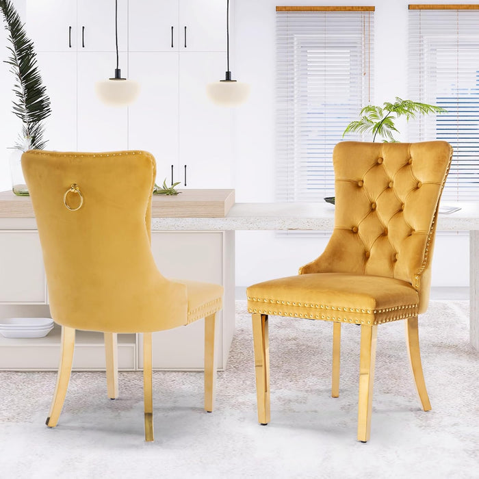 Velvet Dining Chair Set of 2, Upholstered Tufted Dining Room Chair with Nailhead Trim and Stainless Steel Gold Plated Leg for Kitchen, Gold