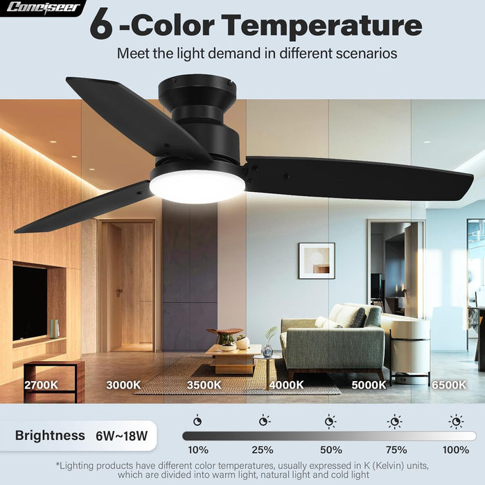 Modern 42 Inch Ceiling Fans with Lights and Remote for Bedroom Office, Flush Mount, 18W 6CCT Dimmable, Dual Color 3 Blades 6 Speed Reversible Quiet DC Motor, Black/Wood Grain