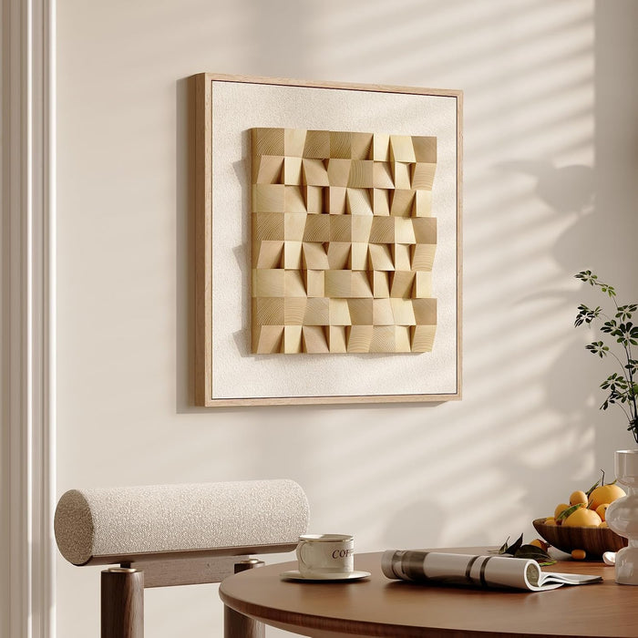 Framed 3D Wood Textured Wall Art, Large Modern Beige Geometric Wooden Artwork for Walls, Minimalist Neutral Square Paintings Wall Decor for Living Room, Dining Room, Bedroom, Office, 28X28 Inch