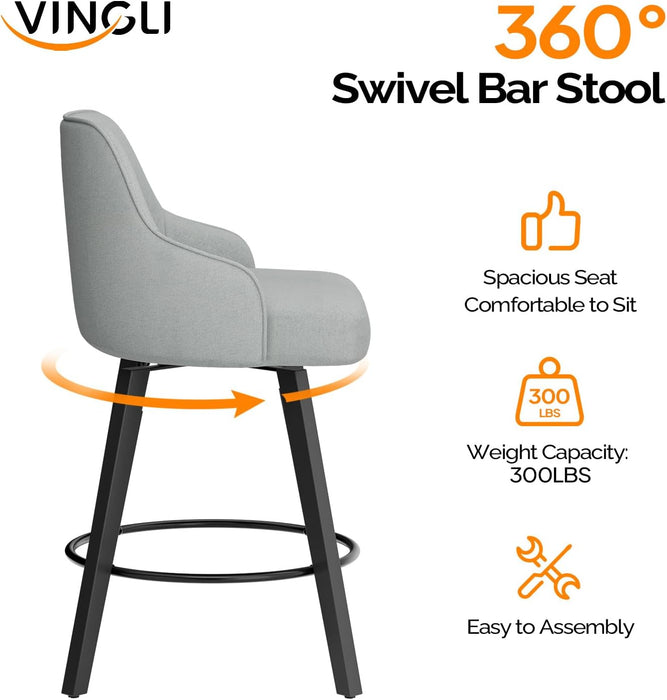 26" H Swivel Barstools Set of 2, Linen Fabric Upholstered Counter Stool with Back, Kitchen High Chairs Counter Height Bar Stools with Cushion, Solid Wood Legs, Grey