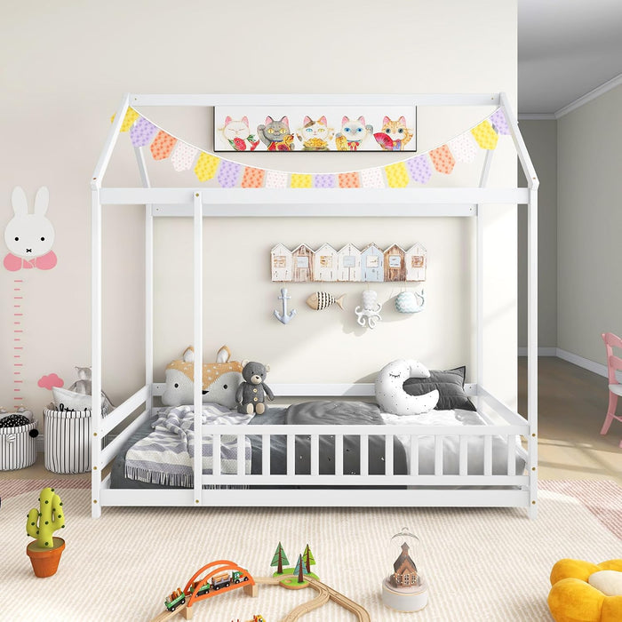Twin SolidPine Montessori Floorbed White With Roof