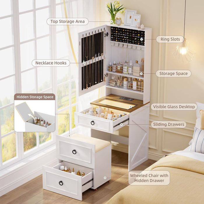 3 in 1 Small Vanity Desk with Lights and Mirror,Tall Lighted Compact Vanity with Charging Station,Makeup Vanity Set with Jewelry Armoire,Glass Top,Wheeled Stool,3 Drawers, White