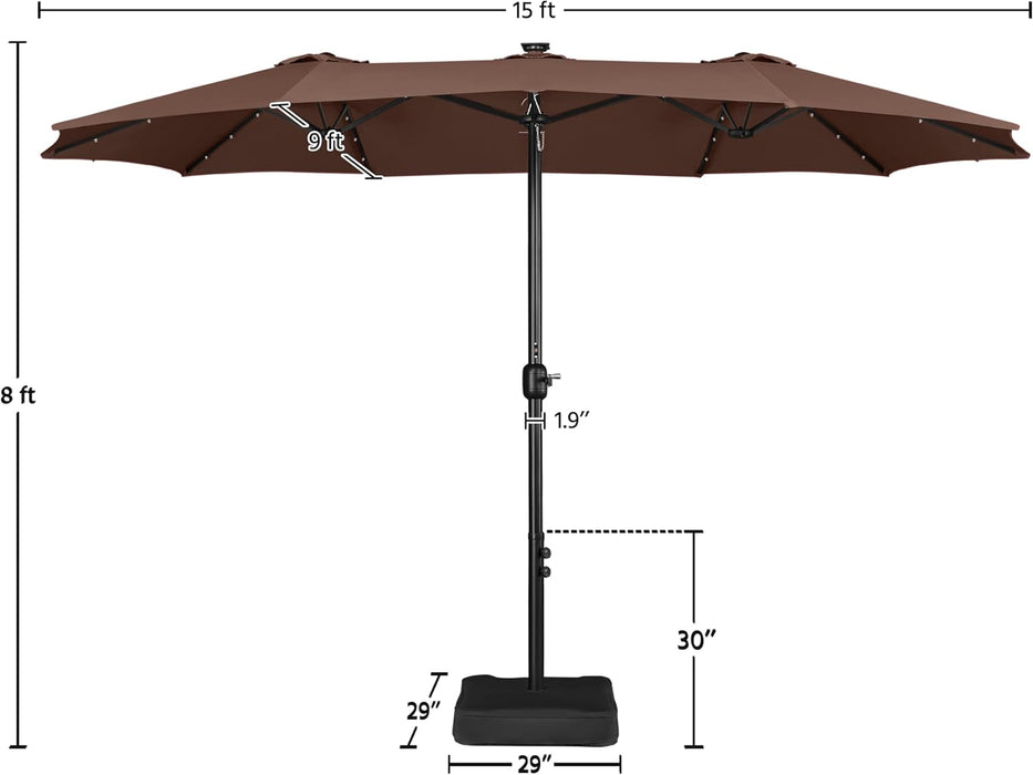 15 Ft Large Patio Umbrella with Solar Lights Double-Sided Outdoor Rectangle Market Umbrellas with 36 LED Lights/Base Included/Easy Crank for Patio Garden Yard Pool Lawn, Brown