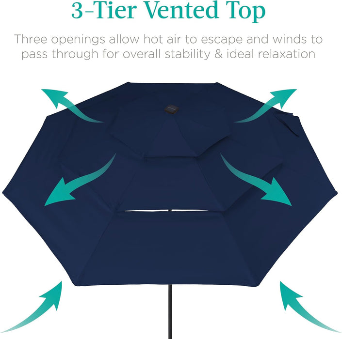 Best Choice Products 10Ft 3-Tier Solar Patio Umbrella, Outdoor Market Sun Shade for Backyard, Deck, Poolside W/ 24 LED Lights, Tilt Adjustment, Easy Crank, 8 Ribs - Navy Blue