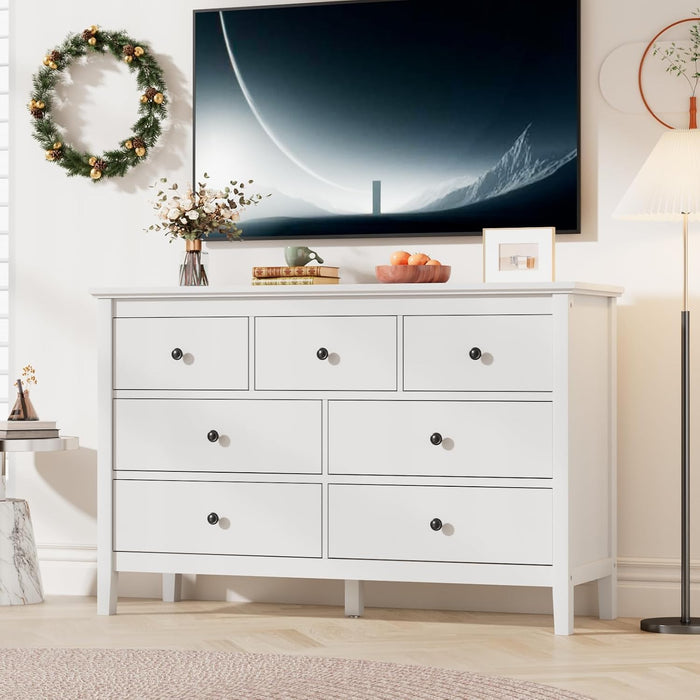 47" White Dresser for Bedroom with 7 Drawer & Metal Handles