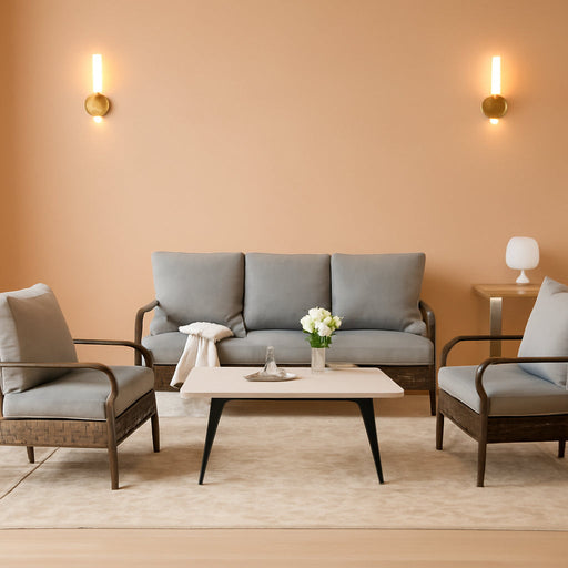 4 Piece Patio Furniture Set, 2 X Cushioned Metal Chair, 1 X 3-Seat Sofa with Coffee Table, All Cushioned 5 Seats Patio Conversation Set for Lawn Garden Backyard Deck, Grey