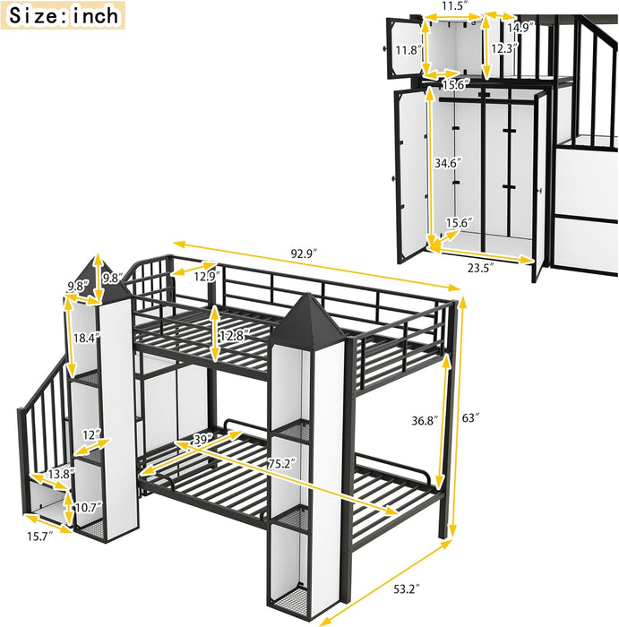 Twin over Twin Metal Bunk Bed with Stairs and Storage Wardrobe, Castle-Shaped Bunk Bed Heavy-Duty Steel Frame, Noise Free,For Kids Teens Adults, Black+White