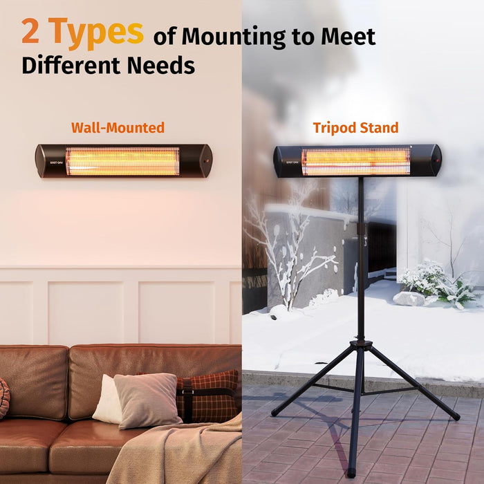 Electric Outdoor Indoor Heater, 1500W Patio Infrared Heater with Adjustable Standing, IP55 Waterproof Wall Mounted with 3 Heat Levels and Tip-Over & Overheating Protection, 2024 Upgrade