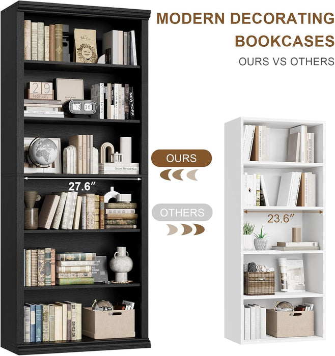 Bookcase and Bookshelves, 28" W Tall Bookshelf with Elegant Design, 6 Tiers Spacious Book Storage, Freestanding Book Organizer, Display Library Shelf for Home Office, Living Room & Study Room