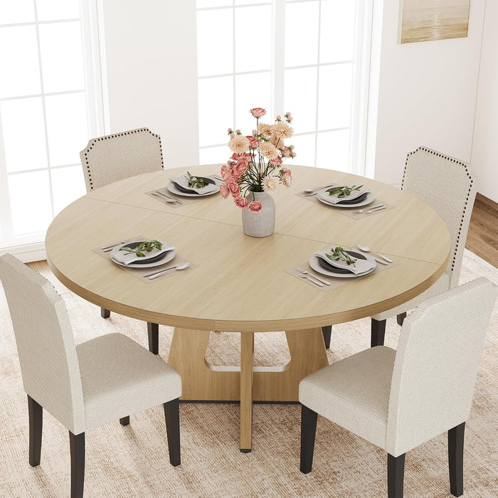 47"-63" Extendable round Dining Table for 4-8 (Tableonly)Naturalwood | Oval Dinner Table with Wooden Cross Pedestal Base, Farmhouse Kitchen Circle Furniture for Dining Room, Living Room, Kitchen