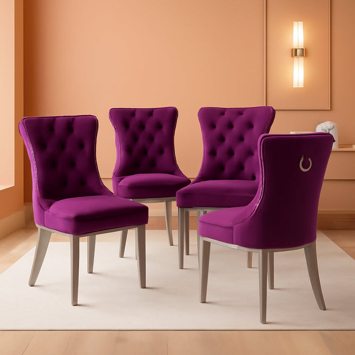 Velvet Upholstered Dining Chairs Set of 4, Modern Kitchen Side Chairs with Nailhead Trim and Silver Plated Leg, Metal Pulling Ring for Dining Room Living Room(Purple-Silver Plated Leg)