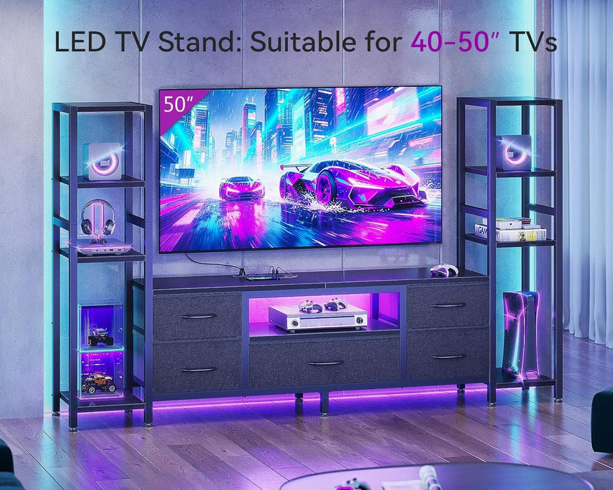 TV Stands for 40/43/50 Inch TV, Entertainment Center with LED Lights & Power Outlets, TV Stand Living Room with 5 Fabric Drawers, TV Console Cabinet for Bedroom, Black