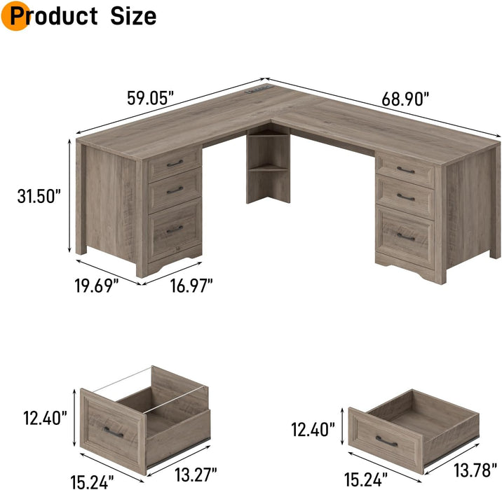 Farmhouse Home Office Desk with 6 Drawers, L Shaped Executive Desk with Power Outlets and Triangle Under-Desk Storage Shelf & Drawer File Cabinet, Corner Computer Desk, Grey