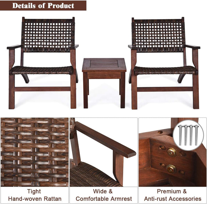 3 PCS Patio Conversation Set, Solid Eucalyptus Wood Frame Outdoor Wicker Furniture Set Bistro Set with Coffee Table, Rattan Furniture Set for Backyard Porch Garden Poolside Balcony (Brown)