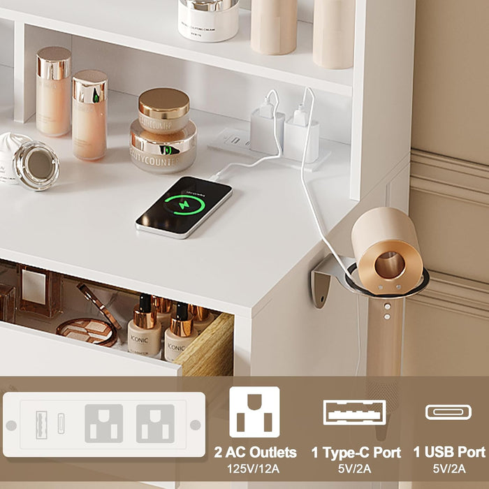 White Vanity with Lighted Mirror, 8 Shelves, 2 Drawers, Charging Station, Hair Dryer Holder & Stool, LED Mirror with 3 Light Modes