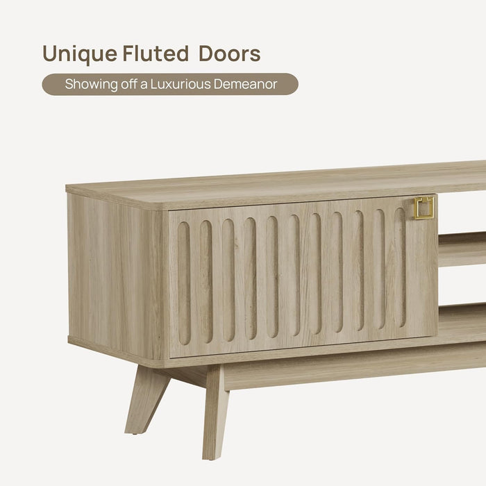 Modern TV Stand for 65/75/80 Inch TV, Long 70" TV Stand Entertainment Center with 2 Storage Cabinets, Fluted-Door Media TV Console Credenza Table for Living Room, Hallway, Light Oak