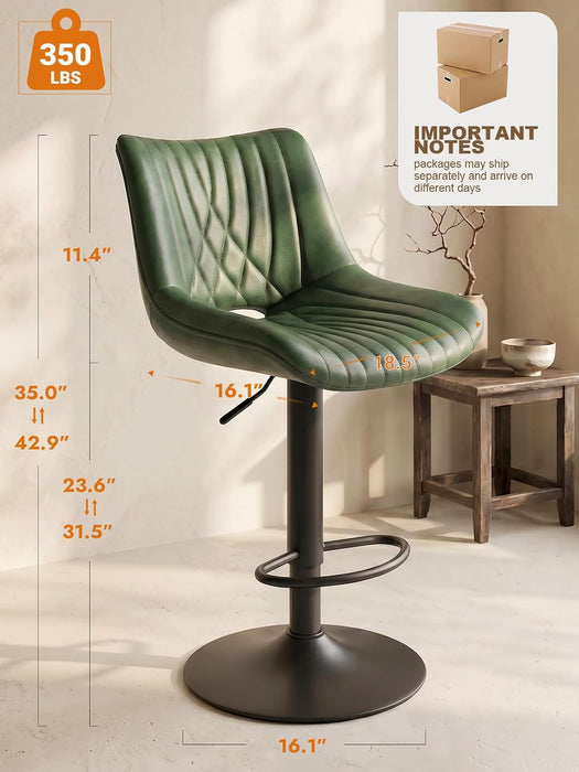 Swivel Bar Stools Set of 2, Height Adjustable Counter Height Bar Stools with Open Back and Footrest, Premium Faux PU Leather, Modern Upholstered Bar Chairs for Kitchen Island/Bar/Counter, Green