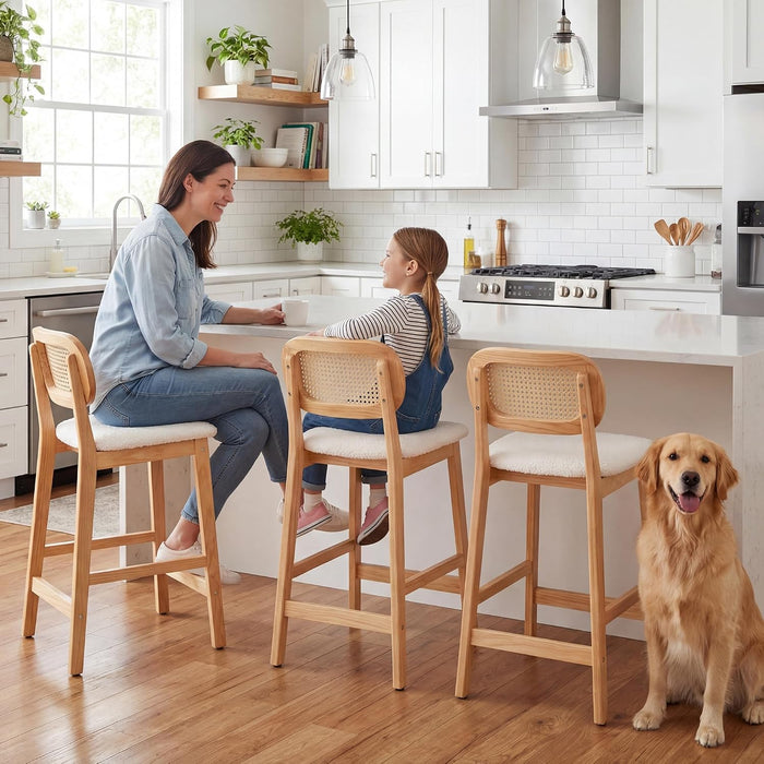 Rattan Bar Stools Set of 3, Upholstered Farmhouse Barstools with Woven Back, Boho Wood Kitchen Island Chairs, Comfy Counter Height Bar Chairs for Pub/Home Bar, Cream Faux Fur