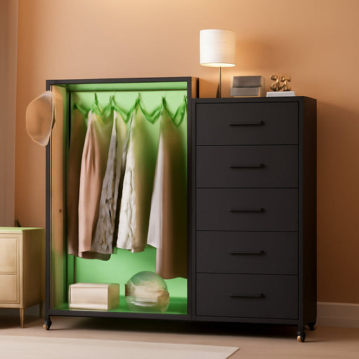 Dresser for Bedroom with Clothes Rack, 5 Drawers Dresser with Charging Station & LED Lights, Black Storage Chest of Drawers with Wheels, Wooden Top, Lockable Wheels, Bedroom, Closet, Black