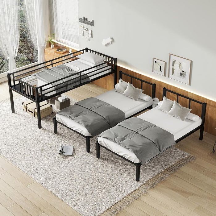 Twin over Twin over Twin Bunk Bed for 3 Kids, Heavy Duty Triple Bunk Bed with Guardrails and Ladder, Twin over Twin over Twin Triple Bunk for Kids, Teens, Black