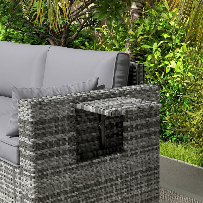3 Seater Wicker Sofa with Side Tray Tables, Rattan Outdoor Patio Sofa with 6" Thick Back Cushions, Outdoor Wicker Couch with Deep Seating, Pillows for Porch, Garden, Backyard, Mixed Gray