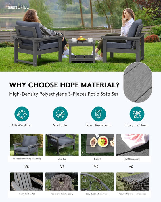 HDPE Patio Sofa Set, 3-Piece Sectional Outdoor Patio Furniture Set, All Weather Patio Couch Set Patio Furniture Set for Deck, Lawn, Grey Frame with Grey Cushion