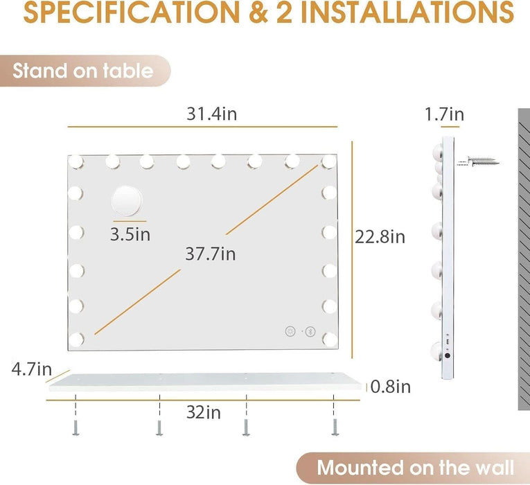 Vanity Mirror with Lights and Bluetooth Speaker 32"X 22.8" Hollywood Makeup Mirror with 18 LED Bulbs, Large Lighted Mirror with 3 Color Modes, USB Charging, 10X Magnification, Tempered Glass