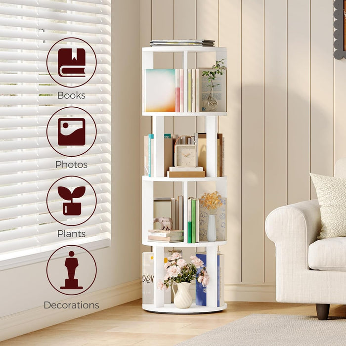 White Four Tier Rotating Bookshelf Tower Floorstanding