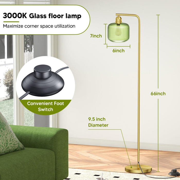 Glass Floor Lamp for Living Room, Modern Standing Lamp with Green Ribbed Glass Lampshade and Pedal Switch, 66” Tall Lamp & Gold Floor Lamp for Bedroom Study Room,Brushed Gold(3000K LED Bulb Included)