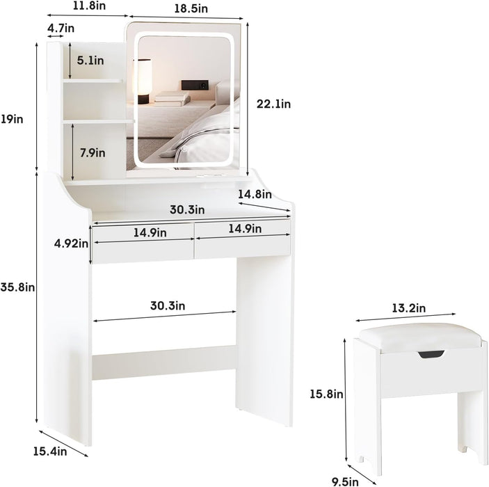 Vanity Desk with LED Light Mirror and Charging Station 30.3In, Small Vanity Set with 4 Storage Shelves 2 Drawers, Vanity for Girls Women with Storage Stool, Vanity Table for Bedroom (White)