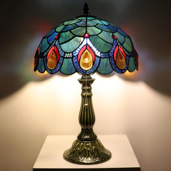 Tiffany Style Stained Glass Table Lamp 18.5 Inch - Blue Peacock Tail