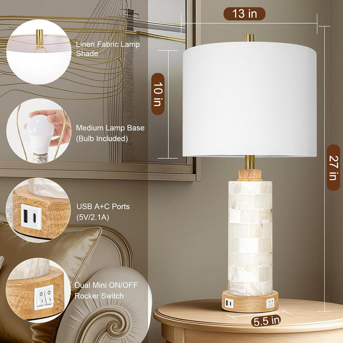 27" Alabaster and Wood Table Lamps Set of 2 with Night Light