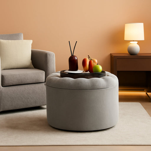 25" Ottoman with Storage, round Pouf Ottoman Foot Rest, Small Storage Foot Stool for Couch Bedroom Living Room, Books, Blankets & Kid'S Toy Box, Load up to 220 Lbs, Grey