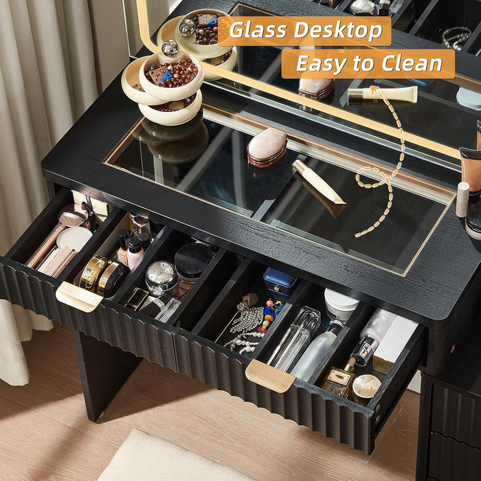 Fluted Makeup Vanity Desk with Mirror and Lights, 43.5'' Blue Vanity Table with Glass Top and Power Outlet, Make up Vanity with 6 Drawers and Adjustable Shelves for Bedroom